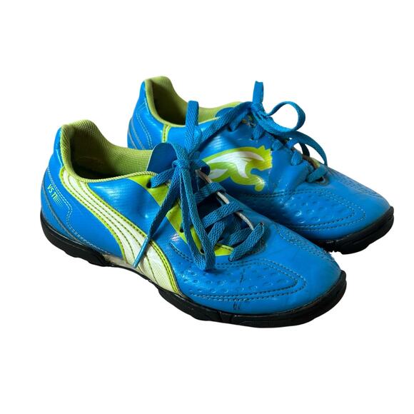 Puma Jr Blue Green Soccer Cleats Indoor Turf Shoes Boys Girls Size 2 Little Kid - Picture 1 of 14